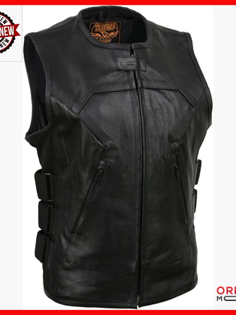 Women's Leather Biker Vest With Pockets, Snap Zip Closure, Adjustable Fit